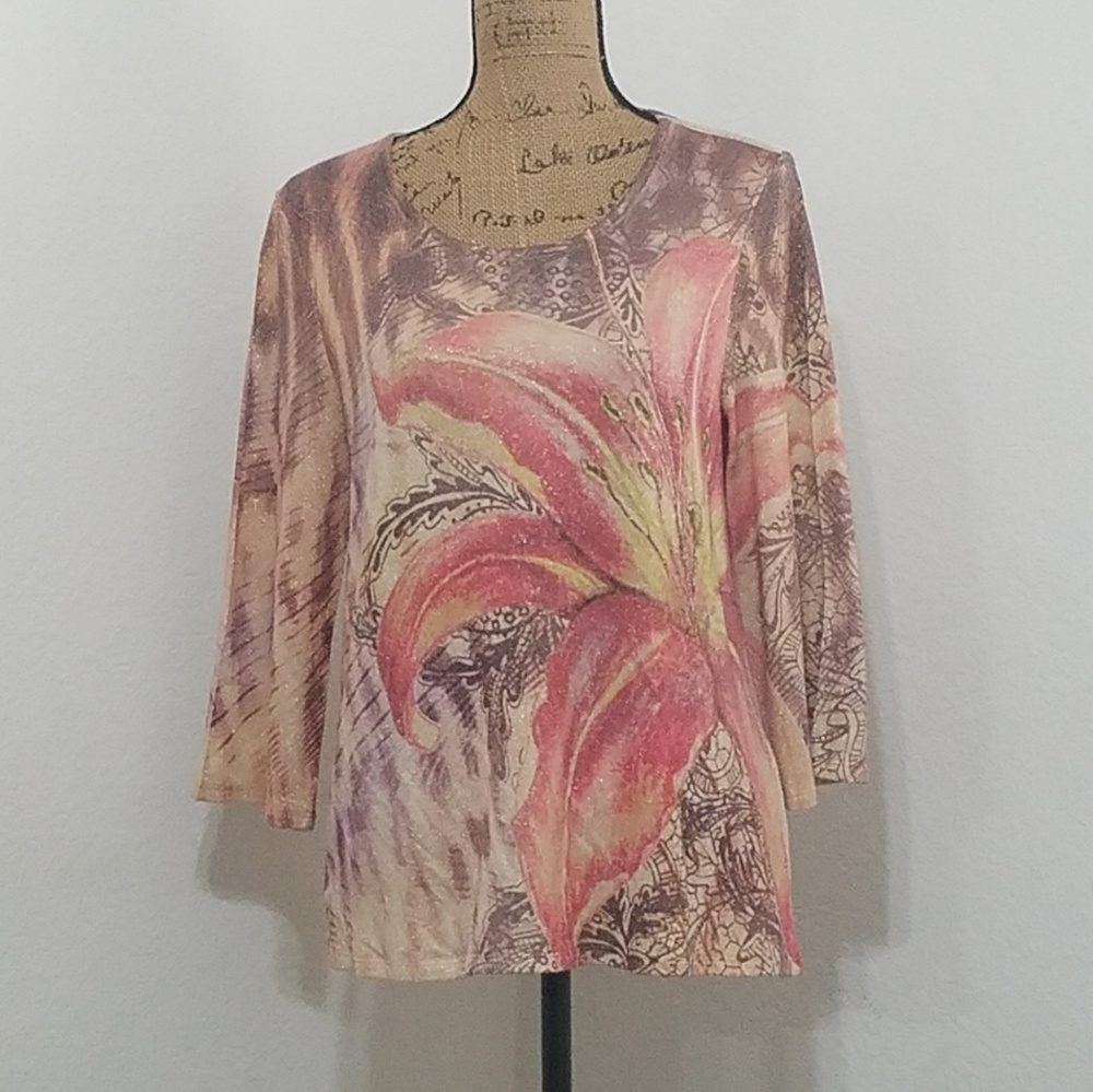 Chico's floral fauna graphic print gold shimmer fall seasonal top tunic size 1